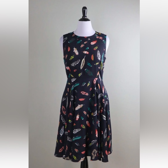 HOBBS London Aideen Navy Feather Print A-Line Swing Dress - Size US4/EU36 - Picture 2 of 6